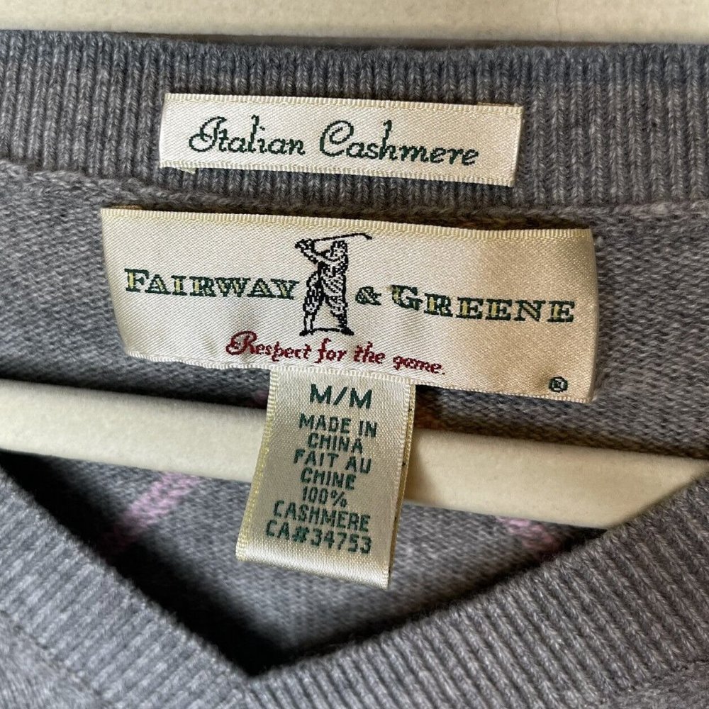 fairway and greene Medium 100% Italian Cashmere Sweater Grey Argyle V Neck - Picture 4 of 4